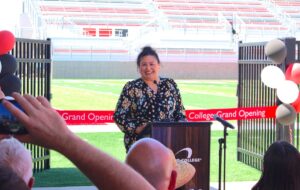 Palomar College Superintendent/President Dr. Star Rivera-Lacey celebrates the opening of the Comets’ new 3,600-seat football stadium in 2024. Photo by Leo Place