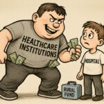 Illustration shows a large, intimidating bully representing major healthcare institutions taking lunch money from a smaller, anxious child symbolizing small rural hospitals.