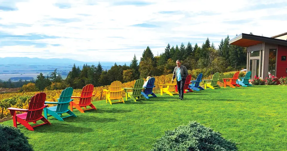 Adirondack chairs at Bryn Mawr Vineyards line the ridge overlooking the Willamette Valley outside of Salem, Ore. Photo by E'Louise Ondash
