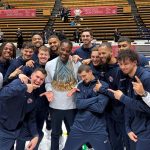 USA Deaf Men's Basketball Team coach David Hamilton, center, celebrates the team's win at the 2025 Deaflympics in Tokyo on Nov. 25. Hamilton is a professor of ASL and Deaf studies at Palomar College in San Marcos. Courtesy photo