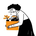 A cartoon depicting a woman carrying a box of desk items after being fired from her job.