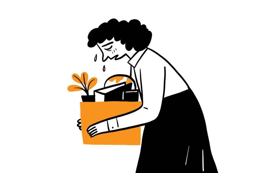 A cartoon depicting a woman carrying a box of desk items after being fired from her job.