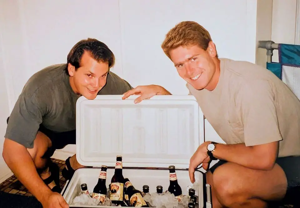 A cooler of Karl Strauss Amber Lager packed and ready for a Padres game in 1998. The author, left, and Paul Miller, right. Photo courtesy of Jeff Spanier