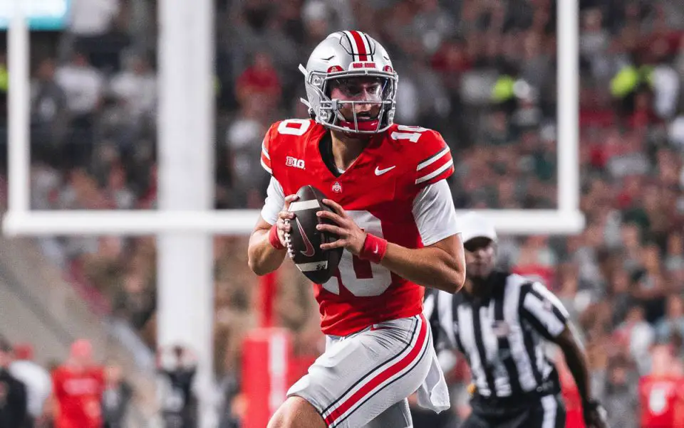 Ohio State quarterback Julian Sayin during a regular-season game this fall. The Carlsbad High alum finished fourth in the 2025 Heisman Trophy voting. Courtesy photo/OSU Football