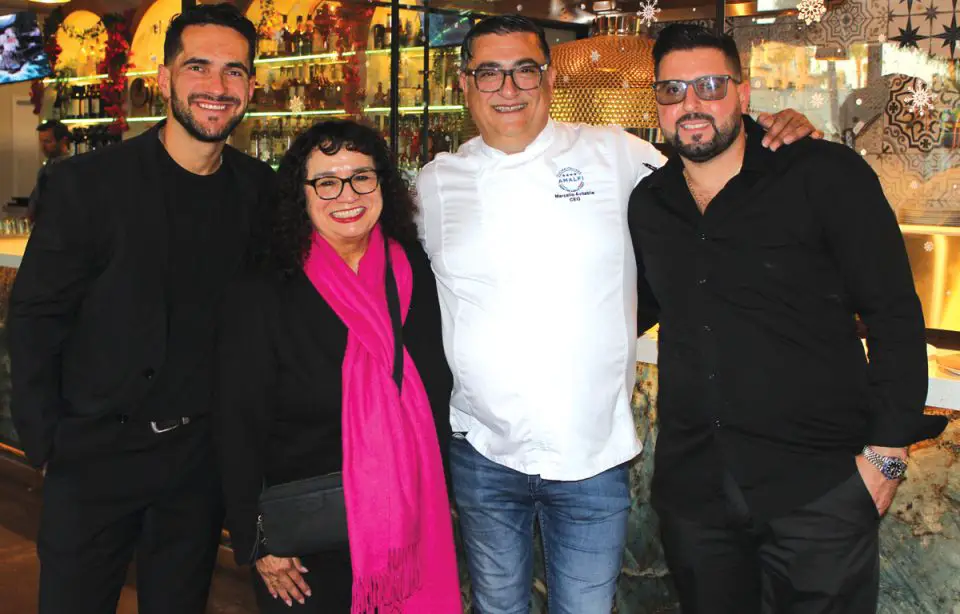 Amalfi Cucina co-founder/GM Emiliano Muslija, left, Oceanside Mayor Esther Sanchez, Amalfi co-founder/executive chef Marcello Avitabile and Amalfi co-founder/pizza chef Joseph Serra. Photo by Rico Cassoni