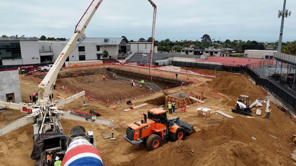 An overhead view shows ongoing construction at the Monroe Street Pool in Carlsbad, where crews are rebuilding the more than 40-year-old facility. Courtesy photo/City of Carlsbad
