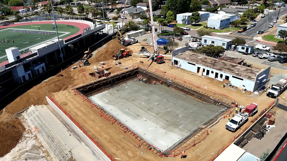An aerial view shows early-phase construction progress at Carlsbad’s Monroe Street Pool, including new pool basins and support buildings. Courtesy photo/City of Carlsbad