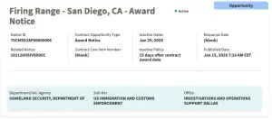 A screenshot from U.S. government contracting website sam.gov shows a contract between the Escondido Police Department and the Department of Homeland Security for use of the local firing range.