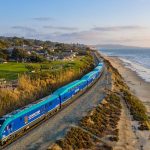 A passenger train travels through Del Mar along the coastal rail corridor, which will be closed this weekend between San Diego and Oceanside for routine maintenance and infrastructure work. Courtesy photo/NCTD