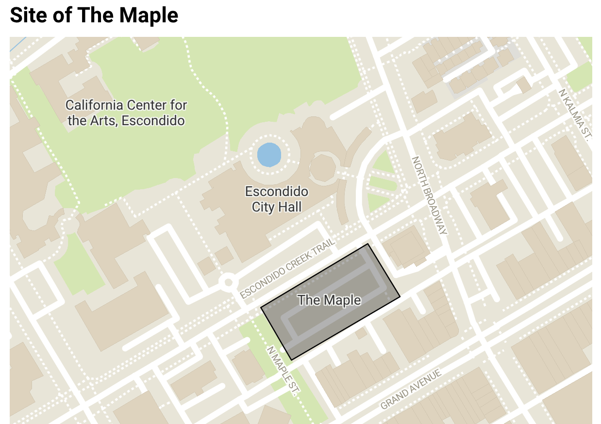 The proposed site of The Maple in downtown Escondido. Graphic by Cameron Adams/Source: City of Escondido