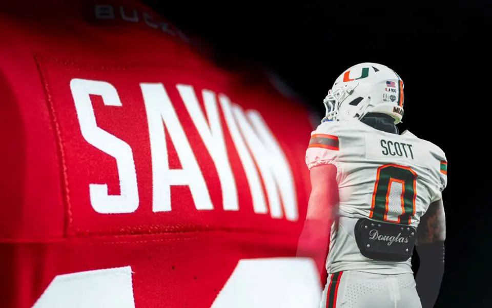 Miami cornerback and Helix alum Keionte Scott returns an interception of Ohio State quarterback and Carlsbad alum Julian Sayin for a touchdown in the College Football Playoff quarterfinal. The Coast News graphic/Courtesy photos, OSU and UM Athletics