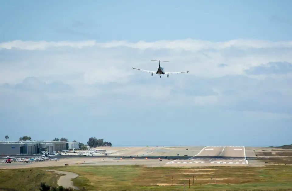 A small aircraft departs McClellan-Palomar Airport in Carlsbad. The airport’s operations, aircraft noise and long-term expansion plans were the focus of a recent Federal Aviation Administration webinar. File photo/Shana Thompson