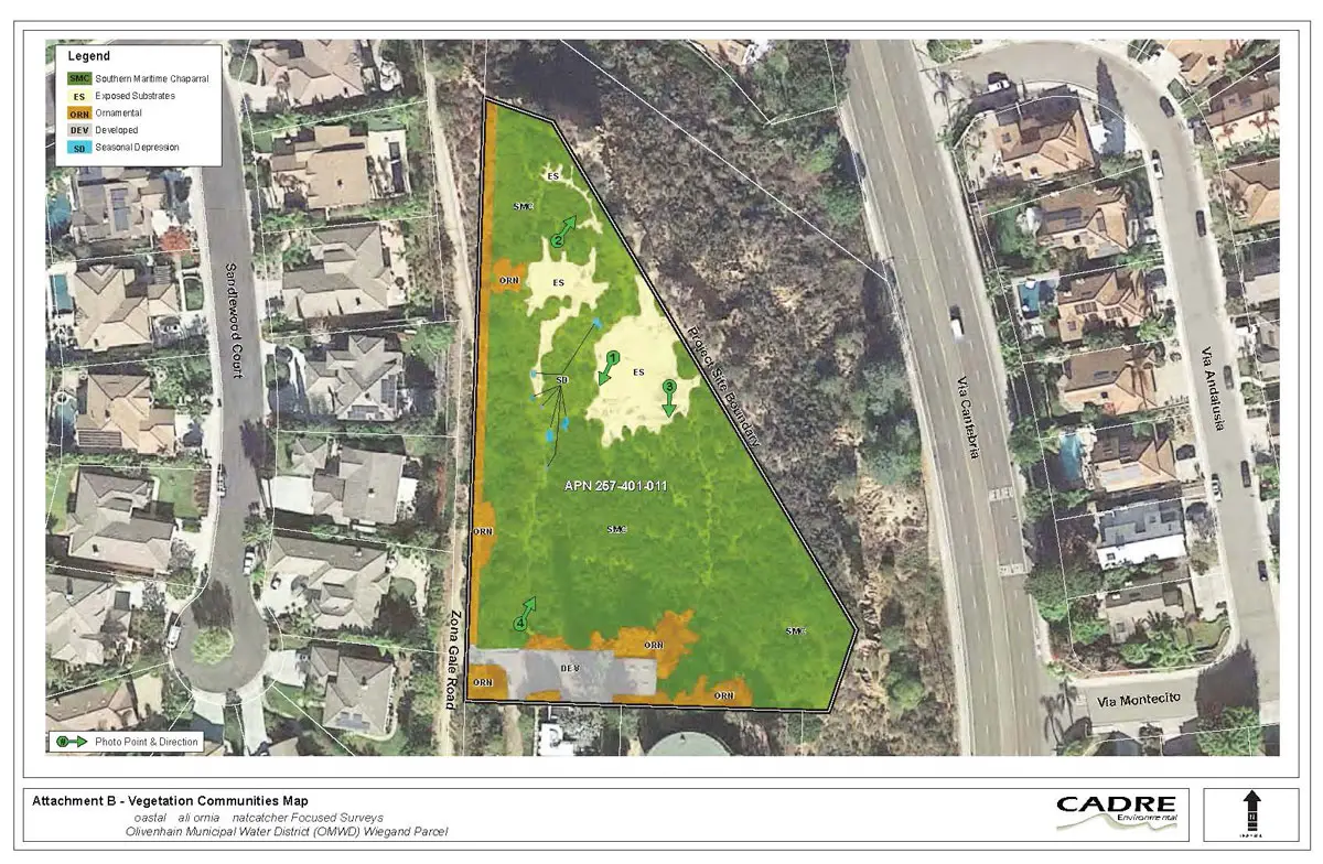 A map showing the site of the proposed Zona Gale Estates subdivision in Encinitas. The parcel is surrounded by a web of public trails that run through Encinitas Ranch, linking neighborhoods and open space. Courtesy photo