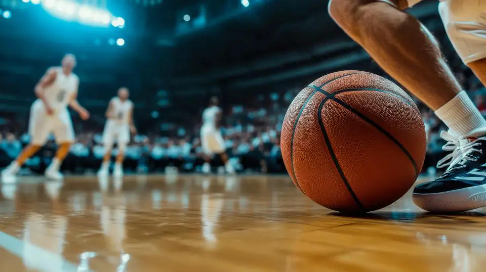Basketball on a hardwood court during a professional game