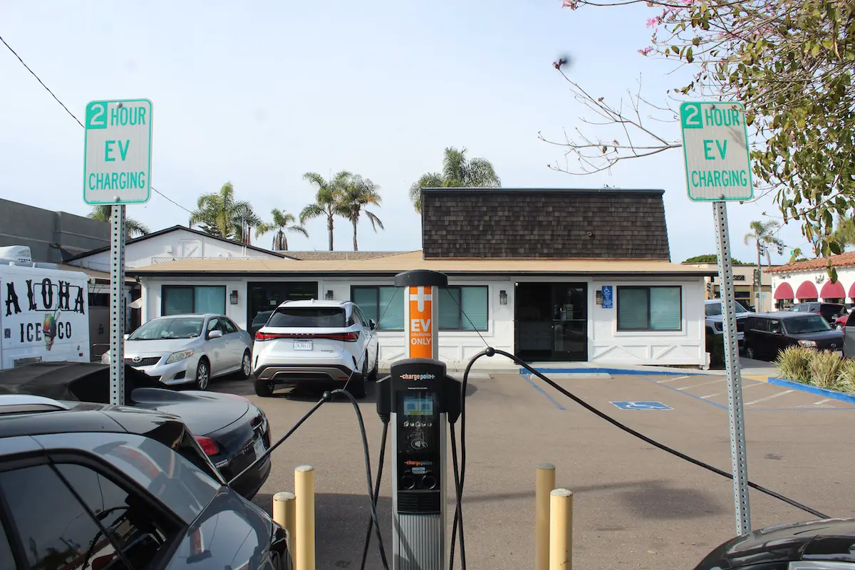 Electric-vehicle (EV) charging stations at a city-owned parking lot in Carlsbad Village. Photo by Cameron Adams