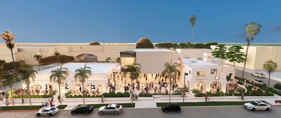 A rendering from Safdie Rabins Architects of the expanded Oceanside Museum of Art with the addition of the former Fire Station 1 site (far right side). Courtesy Oceanside Museum of Art