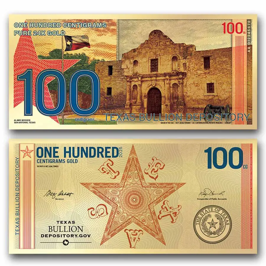 A 100-centigram gold note issued in connection with the Texas Bullion Depository is shown. The notes represent privately held precious-metal value and are not circulating U.S. legal tender currency.