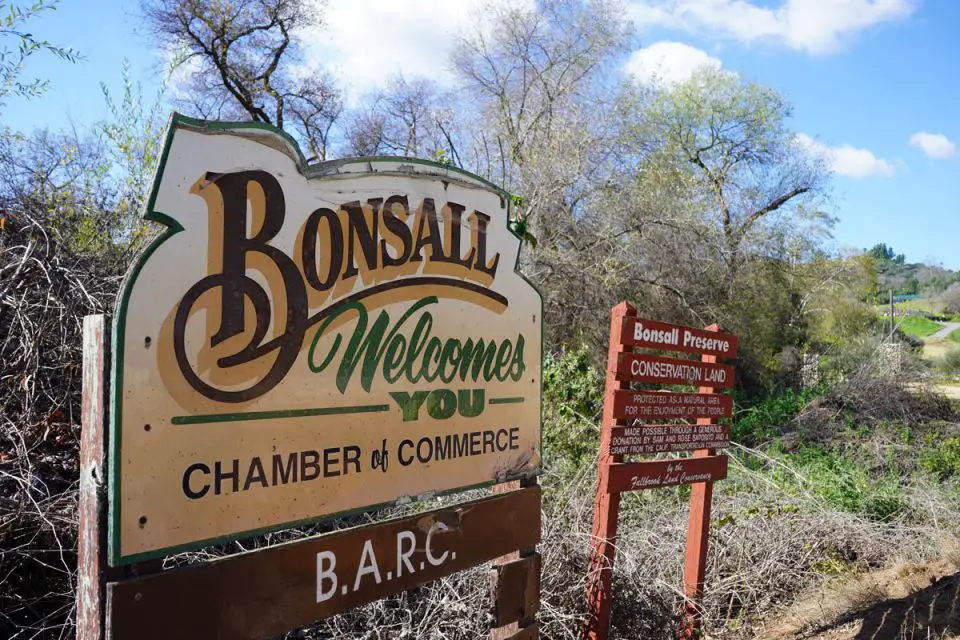 A sign welcomes visitors to Bonsall, a rural North County community where construction is underway on the 381-home Ocean Breeze Ranch development. Photo by Jordan P. Ingram