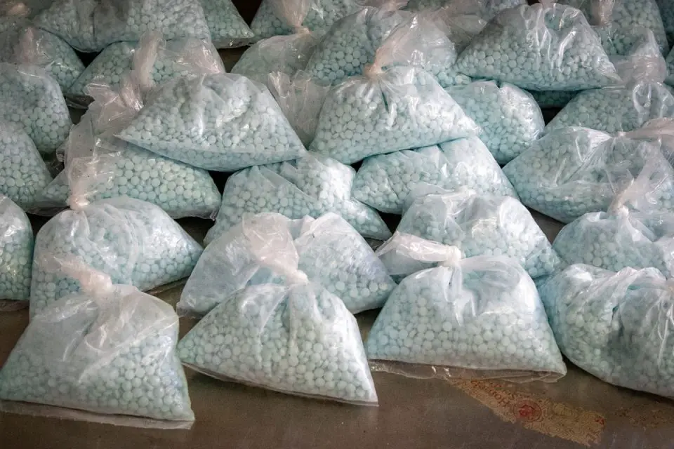 A large seizure of fentanyl pills from the Arizona border, similar to the type and quantity of seizures in California. Photo by Jerry Glaser