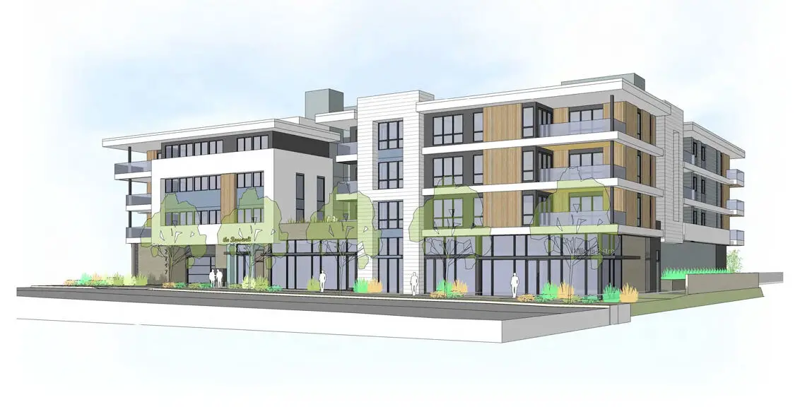 A rendering shows the proposed Rincon Roosevelt mixed-use development planned for Roosevelt Street in Carlsbad’s Village, featuring 33 condominiums above ground-floor commercial space. Courtesy rendering/Rincon Homes