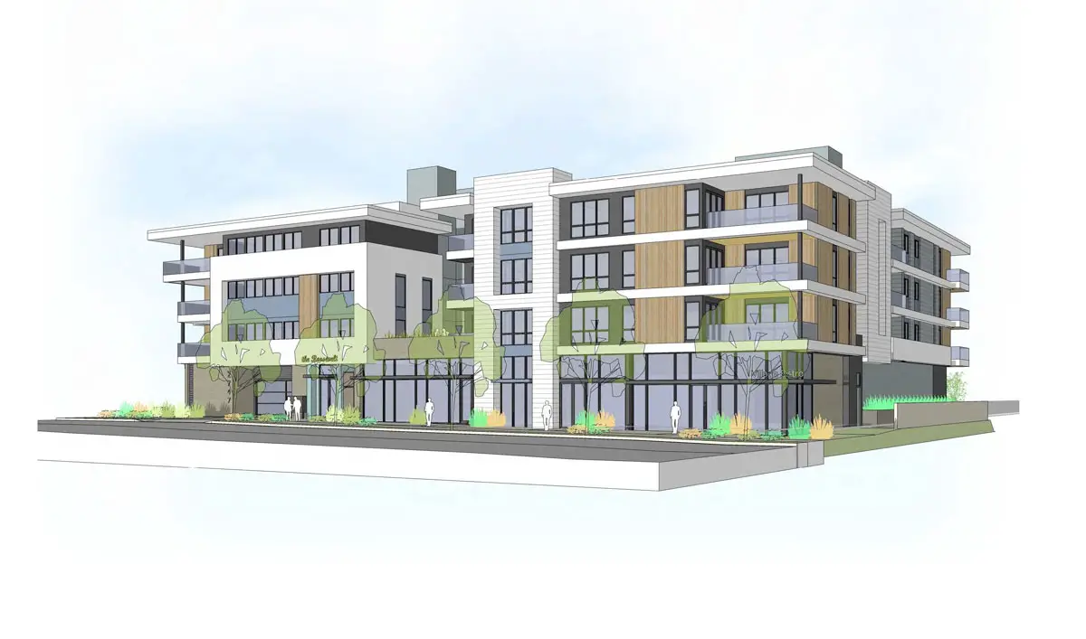 A rendering shows the proposed Rincon Roosevelt mixed-use development planned for Roosevelt Street in Carlsbad’s Village, featuring 33 condominiums above ground-floor commercial space. Courtesy rendering/Rincon Homes