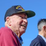 Retired Navy Capt. Royce Williams, the 100-year-old Escondido Korean War fighter pilot recently awarded the Medal of Honor, received a hero’s welcome Thursday at McClellan-Palomar Airport in Carlsbad. Photo by Jordan P. Ingram