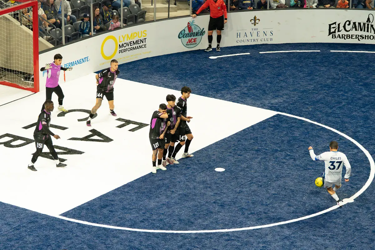 San Diego Sockers forward Kraig Chiles takes a penalty shot during Sunday night’s match against the Empire Strykers at Frontwave Arena in Oceanside. Chiles, a longtime team captain and former league MVP, helped lead San Diego’s late push to force overtime. Photo by Tanya Perez