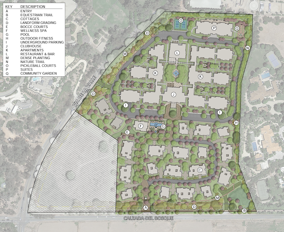 A site plan for the proposed Silvergate retirement community project at Calzada del Bosque and Via de la Valle in Rancho Santa Fe. Six of the 29 acres originally planned to be included in the project have since been removed from the plans. Courtesy image