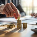 Hand placing coins on stacks on a wooden desk, with business documents and calculator in the background, depicting financial growth and planning. Ai generative.