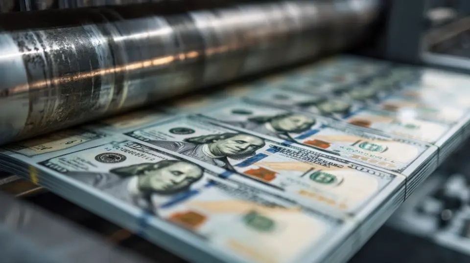 Stacks of hundred dollar bills on a printer at the Federal Reserve.