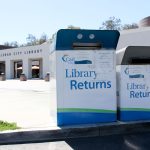 A drive-thru book return bin at the Carlsbad City Library on Dove Lane. Photo by Cameron Adams