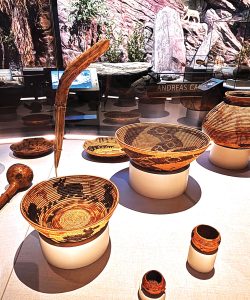 The Agua Caliente Cultural Museum in Palm Springs features an extensive collection of baskets made of local grasses by Southern California indigenous peoples: the Cahuilla, Cupeño, Luiseño, Chemehuevi, Serrano and Kumeyaay. The animals, nature and geometric patterns woven into the baskets tell the story of everyday life and traditions. Photo by E’Louise Ondash