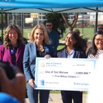 Assemblymember Darshana Patel (right center) presented $5 million in state funds for park improvements in San Marcos to City Councilmember Maria Nuñez (far right), Mayor Rebecca Jones (center left) and Councilmember Danielle LeBlang at Connors Park on Friday. Photo by Leo Place