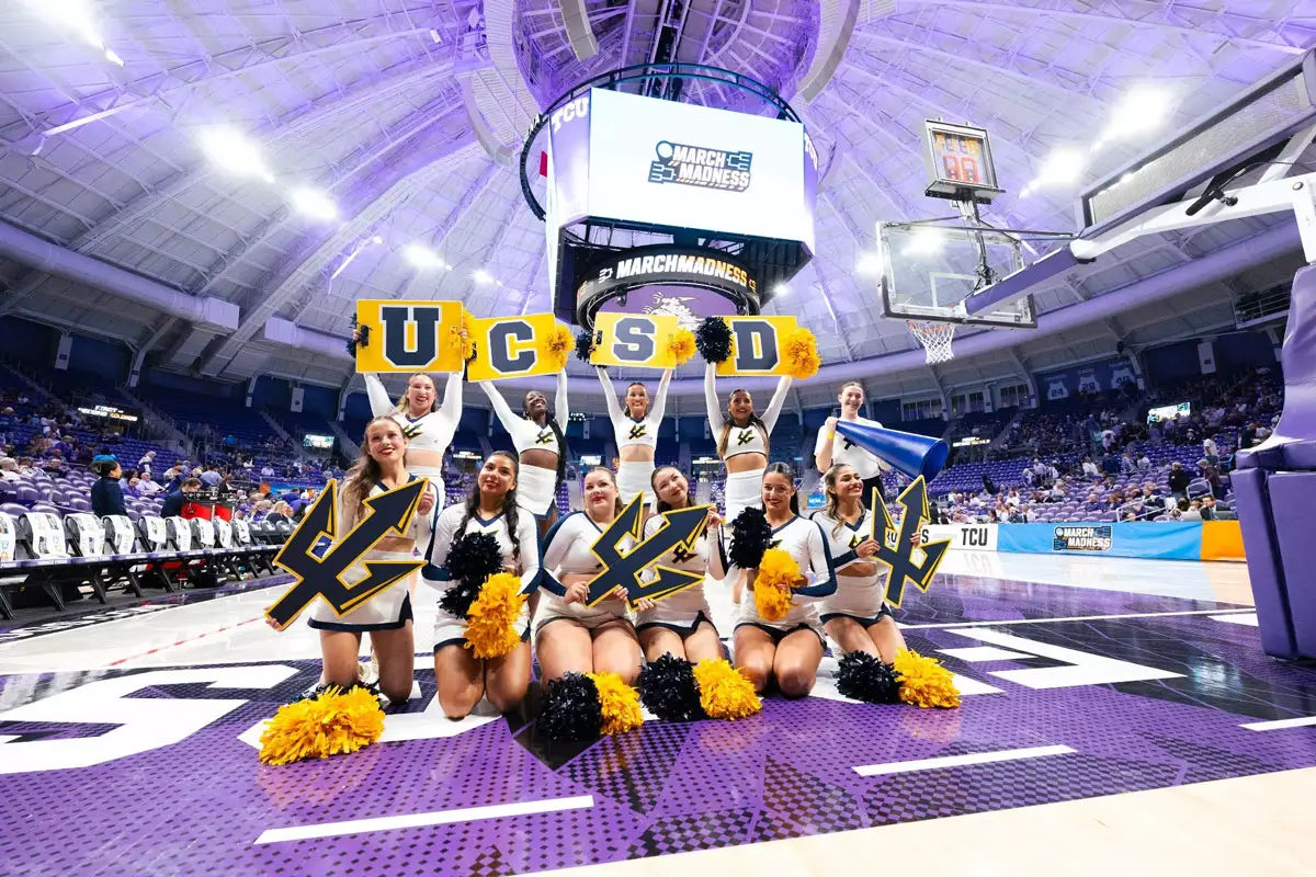 UC San Diego cheerleaders perform during Friday’s NCAA Tournament game against TCU at Schollmaier Arena in Fort Worth, Texas. Photo by Erik Jepsen/UCSD