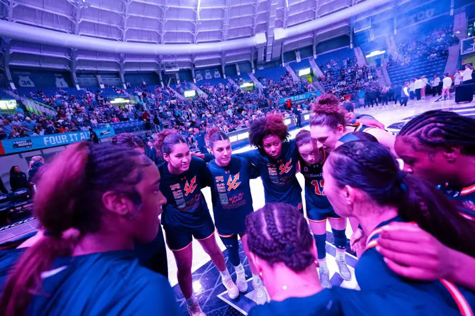 UC San Diego players gather in a pregame huddle before their NCAA Tournament game against TCU on Friday in Fort Worth, Texas. Photo by Erik Jepsen/UCSD