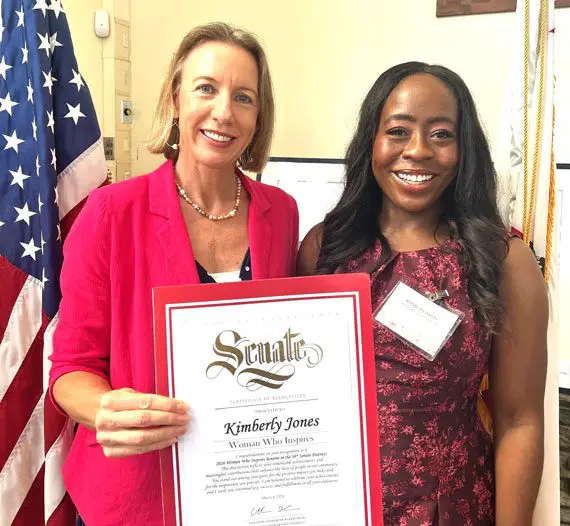 State Sen. Catherine Blakespear, left, with Solana Beach Chamber CEO Kimberly Jones, who was honored as a Woman Who Inspires in the 38th Senate District, which Blakespear represents. Courtesy photo