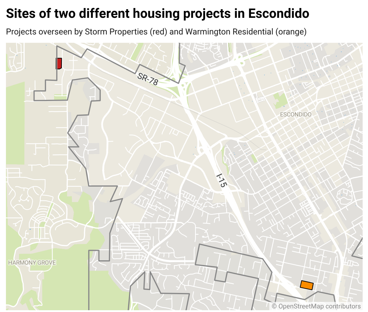A map depicts the locations of both proposed housing projects in Escondido. Graphic by Cameron Adams/Source: City of Escondido