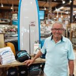 Don Hansen, a pioneer of the local surf industry, at his Encinitas shop, Hansen Surfboards. Hansen died Saturday at age 89. Courtesy photo