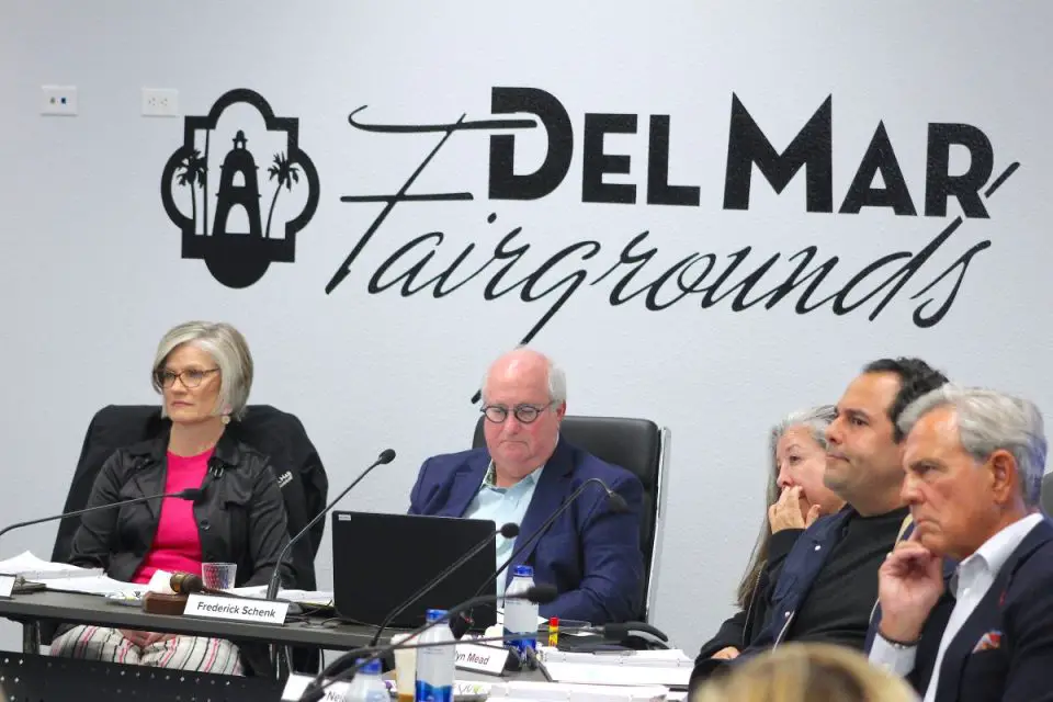 Former 22nd District Agricultural Association CEO Carlene Moore, far left, pictured at a 2025 board meeting with board members Frederick Schenk, Kathlyn Mead, Sam Nejabat, and Phil Blair. File photo by Leo Place