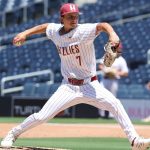 Mission Hills senior pitcher Noah Litchfield delivers a pitch during the John Baumgarten High School Baseball Series on April 25 at Petco Park. Photo by Steven Silva
