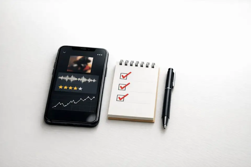 Smartphone displaying music rating and analytics next to checklist representing rap reviews and streaming music discovery