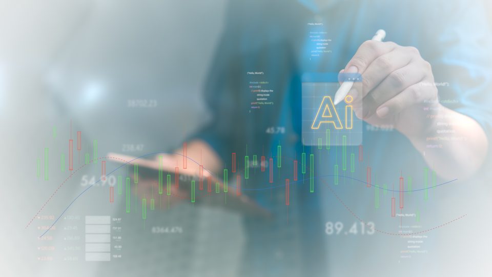 Business professional interacting with an AI interface overlaid with stock market charts and financial trading data.