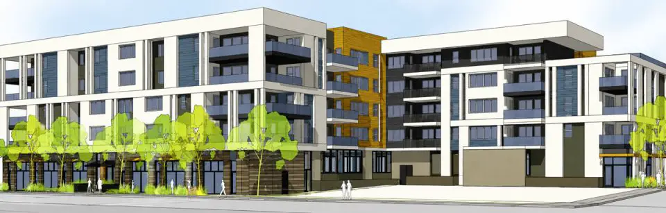 An architectural rendering shows a proposed mixed-use development near the intersection of Carlsbad Village Drive and Jefferson Street in Carlsbad.