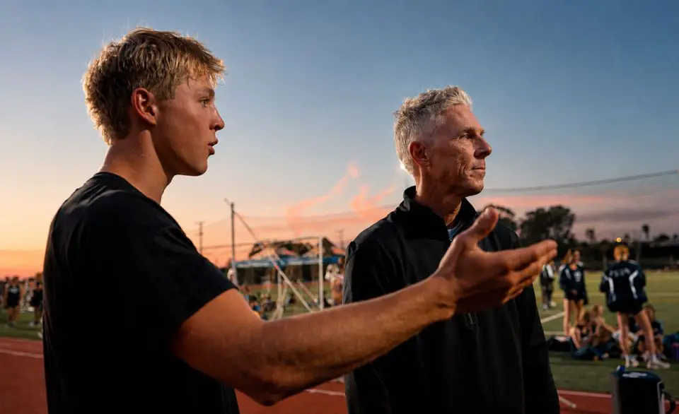 San Dieguito Academy senior pole vaulter Dylan Yarbrough speaks with his dad, Jason, during a meet earlier this season. Courtesy photo/Yarbrough