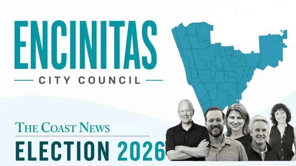 From left, Bruce Ehlers, Brad Lefkowits, Rimga Viskanta, Ed Sprague and Arielle Golden are running for three seats on the Encinitas City Council. The Coast News graphic