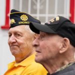 Korean War veteran and retired Marine Chris Harloff, left, and 102-year-old World War II veteran Arthur Harris, who served in the U.S. Army Air Corps before the creation of the Air Force, attend a Memorial Day ceremony on May 25 in Encinitas. Photo by Tanya Perez