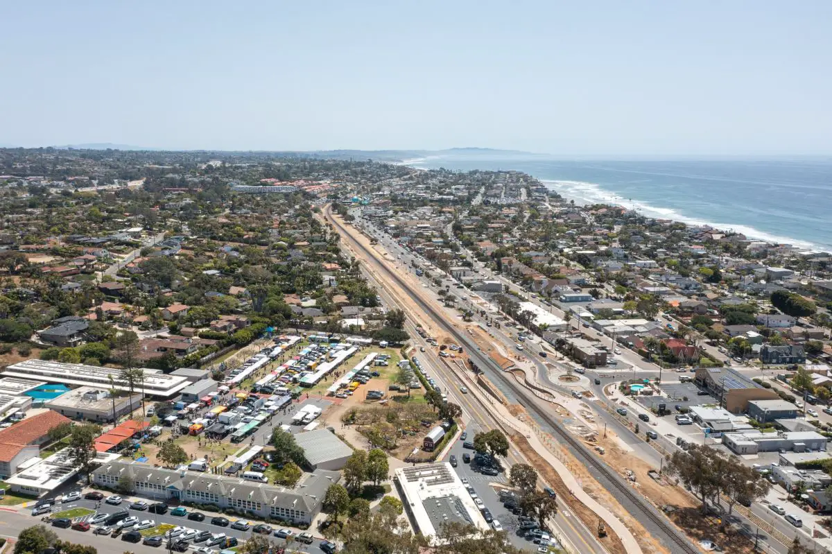 An aerial view shows the Leucadia Farmers' Market at Paul Ecke Central Elementary School in Encinitas. The market, which has operated at the site for the past 20 years, faces an uncertain relocation timeline after neighboring residents appealed plans to move it to Oak Crest Middle School. Courtesy photo