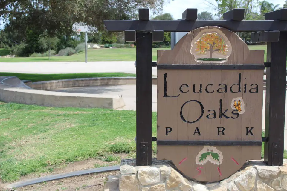 A sign marks the entrance to Leucadia Oaks Park in Encinitas, where the city has approved a native plant demonstration garden. Photo by Cameron Adams