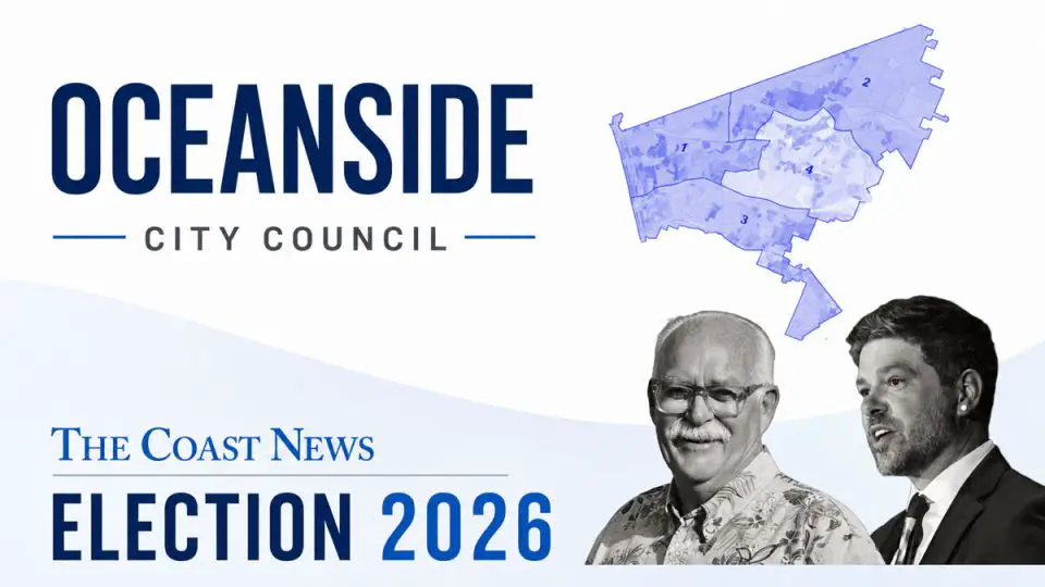 Councilmember Rick Robinson (District 2), left, and Deputy Mayor Eric Joyce (District 1) are seeking reelection in Oceanside. The Coast News graphic