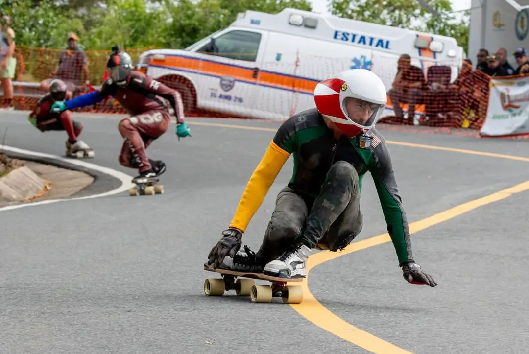 Patrick Stoll of Encinitas races down a closed mountain road during an international downhill skateboarding competition. Courtesy photo